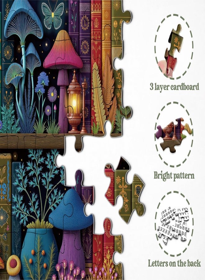 PPuzzling Mushroom Bookshelf Puzzles for Adults 1000 Pieces, Challenging Fantasy Mushroom Library Jigsaw Puzzle with Vintage Books, Glowing Butterflies, Colorful Botanical Aesthetic Art Puzzle - Image 4